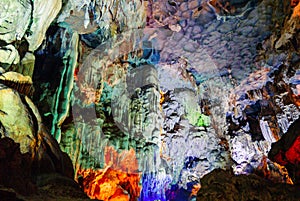 Colorful inside of Hang Sung Sot cave world heritage site