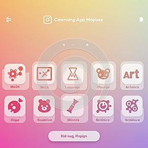 Colorful interface with rounded icons set against a gradient background. Top header