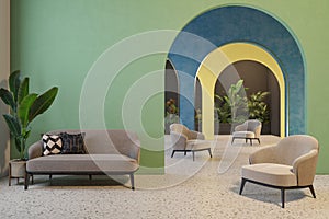 Colorful interior with archs, sofa, armchairs, terrazzo floor and plants.