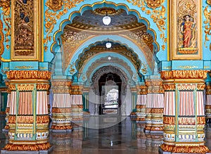 Colorful interior of Historic Mysore Maharaja palace