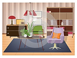 Colorful interior of living room furnished in old fashioned style. Retro furnishings and decor - swivel armchair, coffee