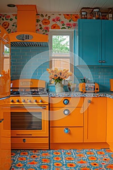 Colorful interior of a modern kitchen. Rich interior colors