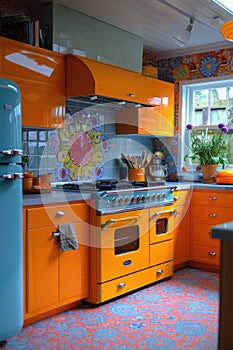 Colorful interior of a modern kitchen. Rich interior colors