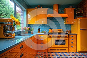 Colorful interior of a modern kitchen. Rich interior colors