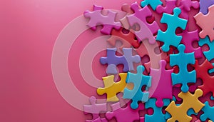 Colorful Interlocking Jigsaw Puzzle Pieces on a Pink Background with Copy Space for Creative Concepts