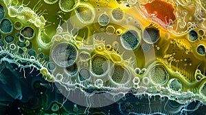 A colorful and intricate crosssection of a cyanobacteria colony revealing layers of different species within the complex