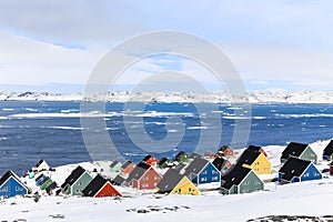 Colorful Inuit houses at the fjord, Nuuk