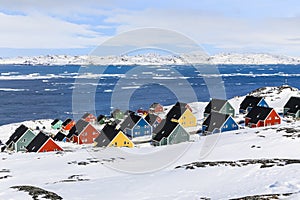 Colorful inuit houses in a suburb of arctic capital Nuuk