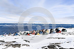 Colorful inuit houses in a suburb of arctic capital Nuuk