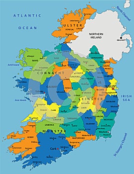 Colorful Ireland political map with clearly labeled, separated layers.