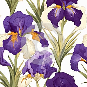 Colorful Iris Flower Seamless Pattern On White Background