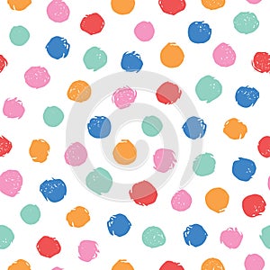 Colorful irregular polka dots vector seamless pattern. Trendy seamless pattern. Pink, yellow, orange, red, blue circles