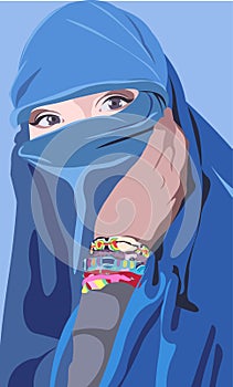 Colorful  of an islamic arabic woman wearing a blue burka and bohemian bracelets. Girl with beautiful eyes covering her face