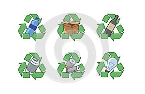 Colorful isolated illustrations of the recycling of various materials on white background.