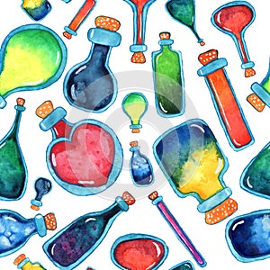 Colorful isolated magic potion bottles seamless pattern. Collection with hand drawn watercolor alchemy. Occultism and witchcraft d