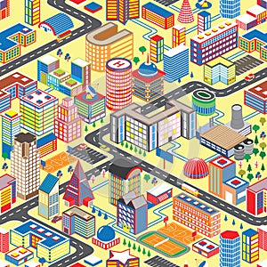 Colorful isometric city seamless pattern. Vector illustration cartoon town background