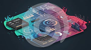 Colorful isometric dashboard with multiple charts and graphs, displaying data