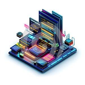 Colorful isometric illustration of a complex digital system