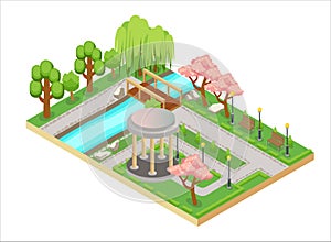 Colorful isometric three-dimensional illustration of oriental garden design with alley and bridge.