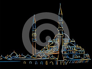 Colorful Istanbul Mosque Drawing on black