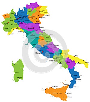 Colorful Italy political map with clearly labeled, separated layers