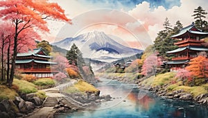 Colorful Japan Oil Painting Landscape Landscape Wallpaper Illustration Background Watercolor Ink