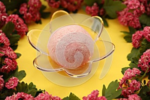 Colorful japanese daifuku mochi sweets with flower decoration