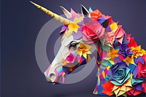Colorful Japanese paper origami craft made unicorn portrait
