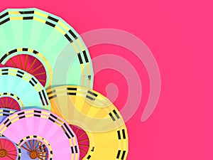 COLORFUL JAPANESE PAPER ORIGAMI HAND FAN MAGENTA BACKGROUND 3D ILLUSTRATION