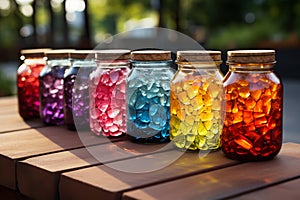 Colorful jars align a cobblestone fence under the vibrant rainbows end