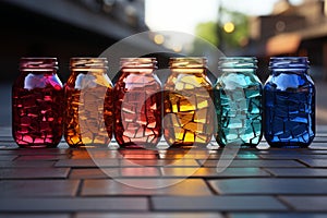 Colorful jars align a cobblestone fence under the vibrant rainbows end