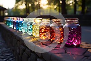Colorful jars align a cobblestone fence under the vibrant rainbows end