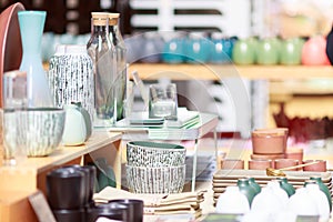 Colorful jars and bottles on store shelf display