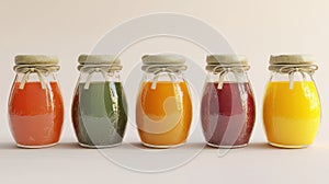 Colorful jars of fruit juices arranged in a row