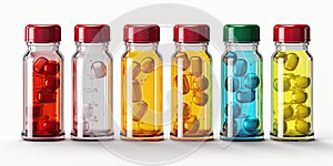 Colorful jars with pills and pills on a white background. Generated by AI