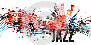 Colorful jazz music promotional poster with musical instruments and notes isolated vector illustration. Artistic abstract backgrou