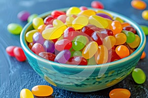 Colorful jelly beans in a blue ceramic bowl