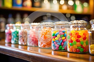 Colorful jelly candies and dragees in glass jars are sold in a candy store