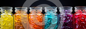 Colorful jelly candies in glass jars - side view, assorted and vibrant - horizontal banner