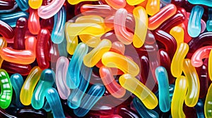 Colorful jelly worms close up background. AI generated