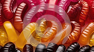 Colorful jelly worms close up background. AI generated