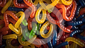 Colorful jelly worms close up background. AI generated