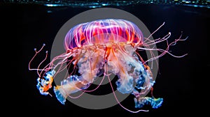 Colorful jellyfish floating in blue water with a soft-focus background