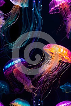 Colorful jellyfish swimming in the deep sea. Generative Ai.