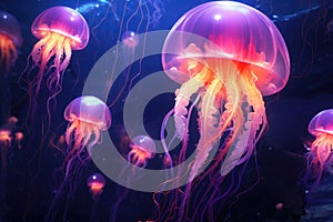 Colorful jellyfish swimming underwater. Aurelia jelly fish on blurred dark background