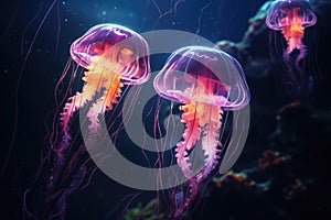 Colorful jellyfish swimming underwater. Aurelia jelly fish on blurred dark background