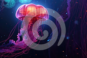 Colorful jellyfish swimming underwater. Aurelia jelly fish on blurred dark background