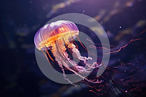 Colorful jellyfish swimming underwater. Aurelia jelly fish on blurred dark background