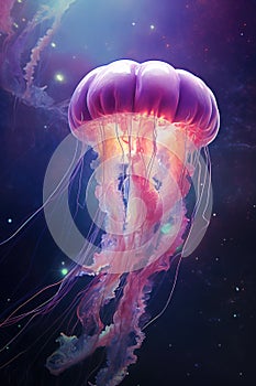 Colorful jellyfish swimming underwater. Aurelia jelly fish on blurred dark background