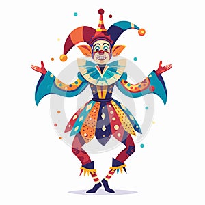 Colorful jester character joyfully spreading arms during performance, medieval entertainer cartoon photo